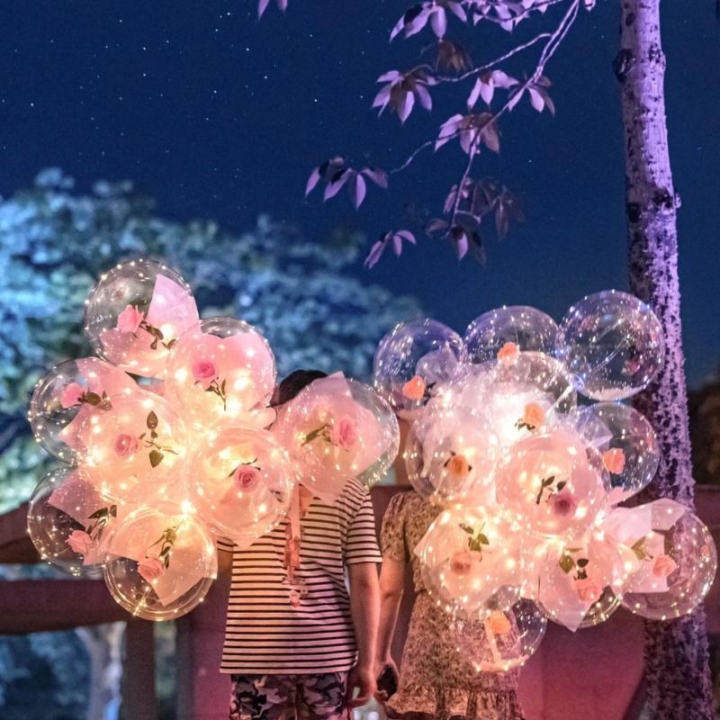 10 Sets Pink Rose Flower Glowing Bubble Balls Rose Bouquet Balloons and Sticks Suitable for Weddings Birthday Parties Prop Decor