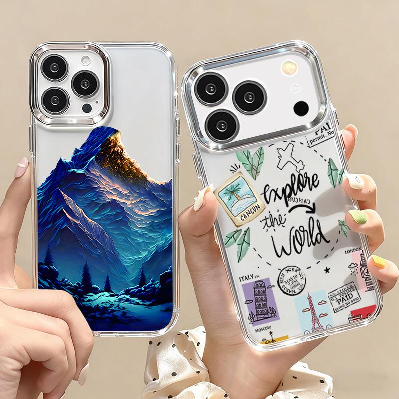 Snow Mountain Scenery Phone Case For iPhone 17 Pro Max Plating Lens Frame Clear Soft Cover For iPhone 16 15 14 13 Pro Max 11 16E 17E