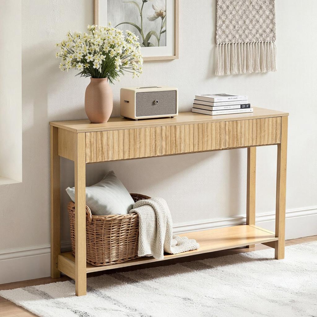 120 Cm Console Table, Farmhouse Desk Behind the Couch with Drawers and Bottom Storage Shelf, Wooden Rectangle Entrance Narrow Sofa Table for Hallway,