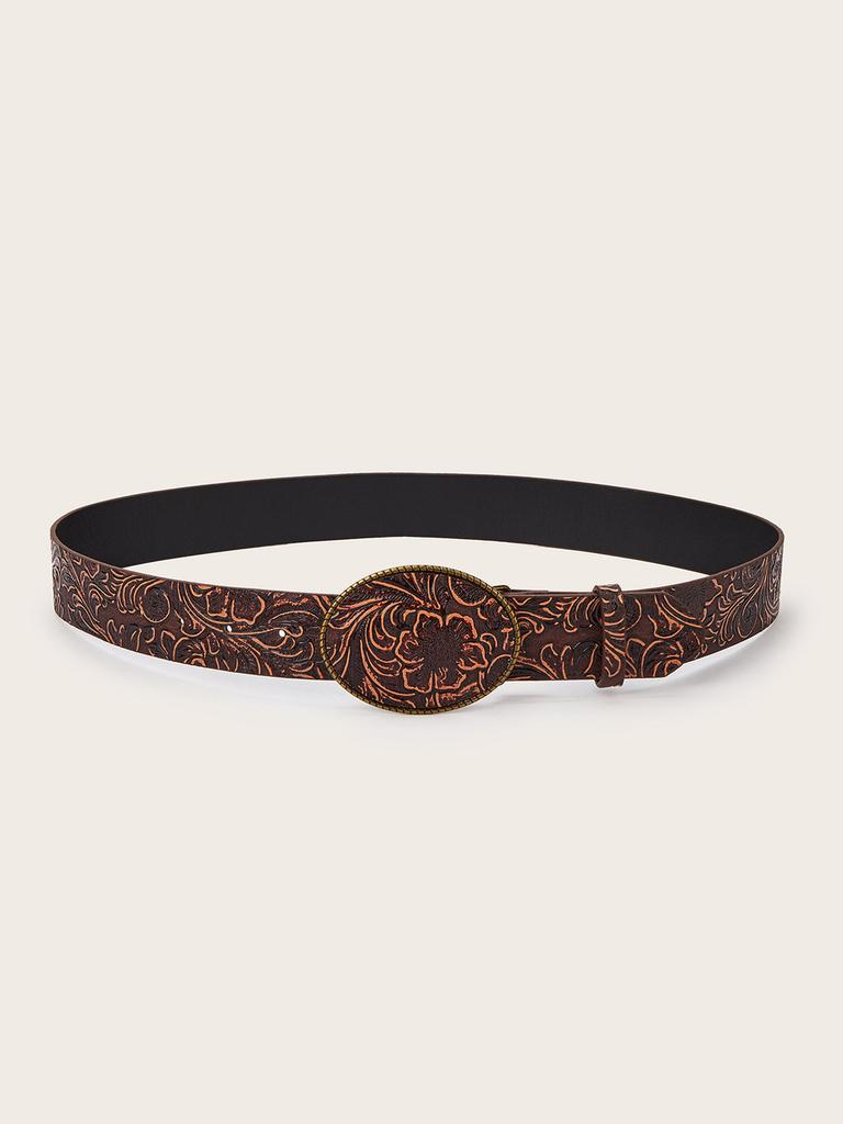 Retro Flower Fashion Pattern Oval Buckle Decoration Women Wide Belt For Daily