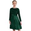 Girls Christmas Glittery Sequin Party Gown Round Collar Long Sleeve High Waist Knee Length Belted Pleated Formal Event Dress