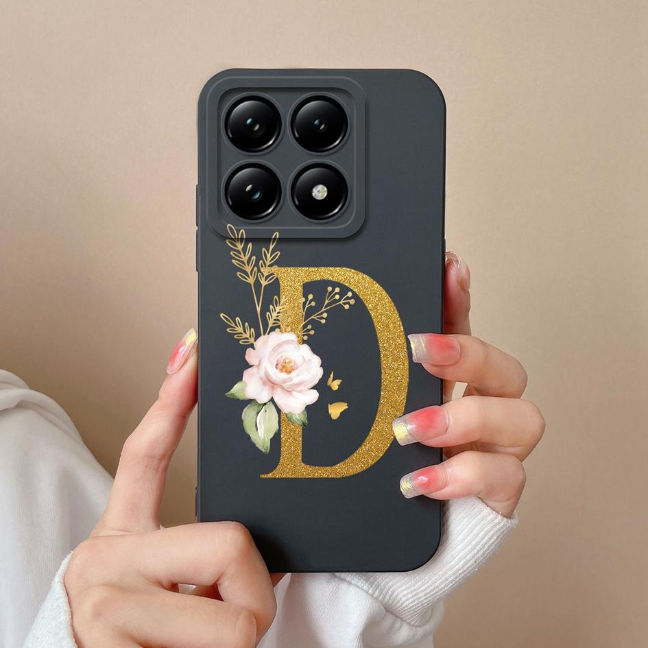 Liquid Soft Silicone Bumper For Xiaomi 14T Pro 5G 14 T Cover Pretty 26 Flower Letters Cases Anti Drop Housing Phone Shell Fundas