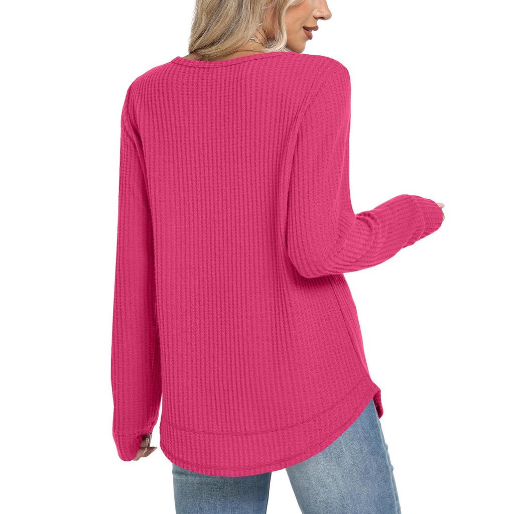 2025 European Style Women's Casual Loose Solid Long Sleeve Waffle Knit Round Neck Top