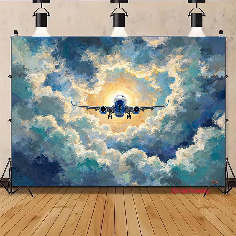 2D Sunlight Cloud Airplane Backdrop for Travel Agency Event Decoration