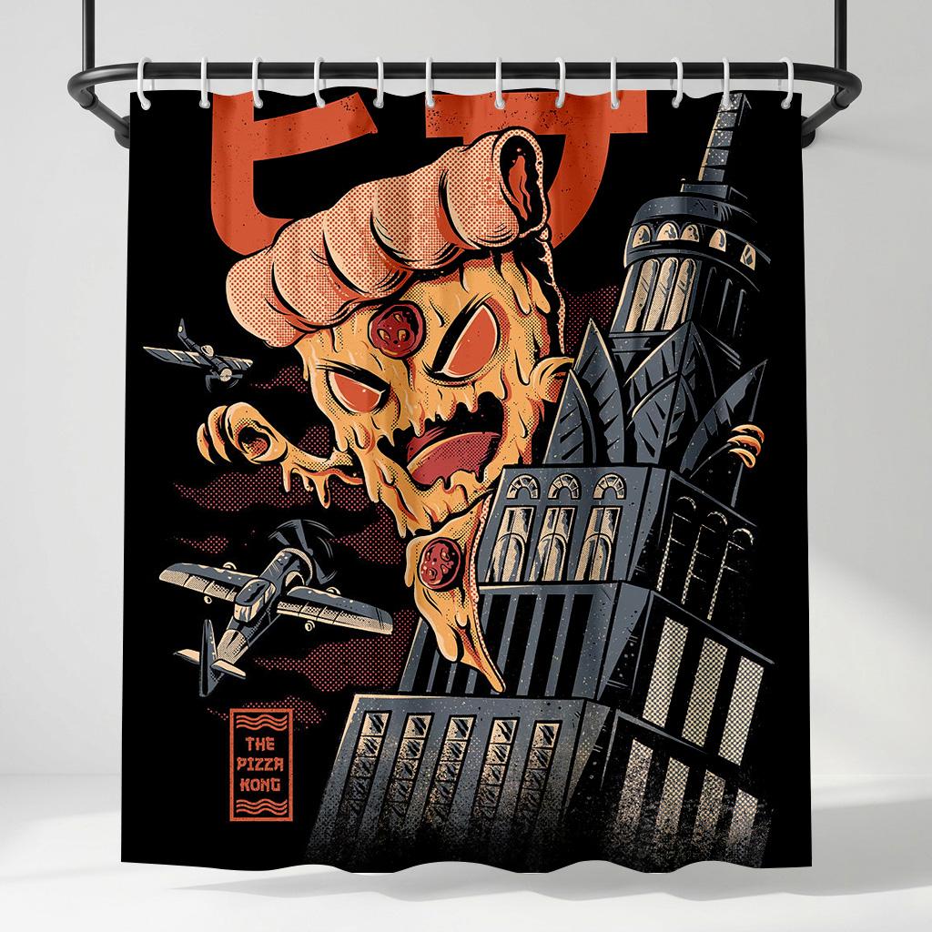 

Funny Pizza Monster Kaiju Shower Curtain - Creative Retro Comic Movie Poster Art - Indoor Home Bathroom Decor Bath Curtain W60H190(CM)-1 Pcs