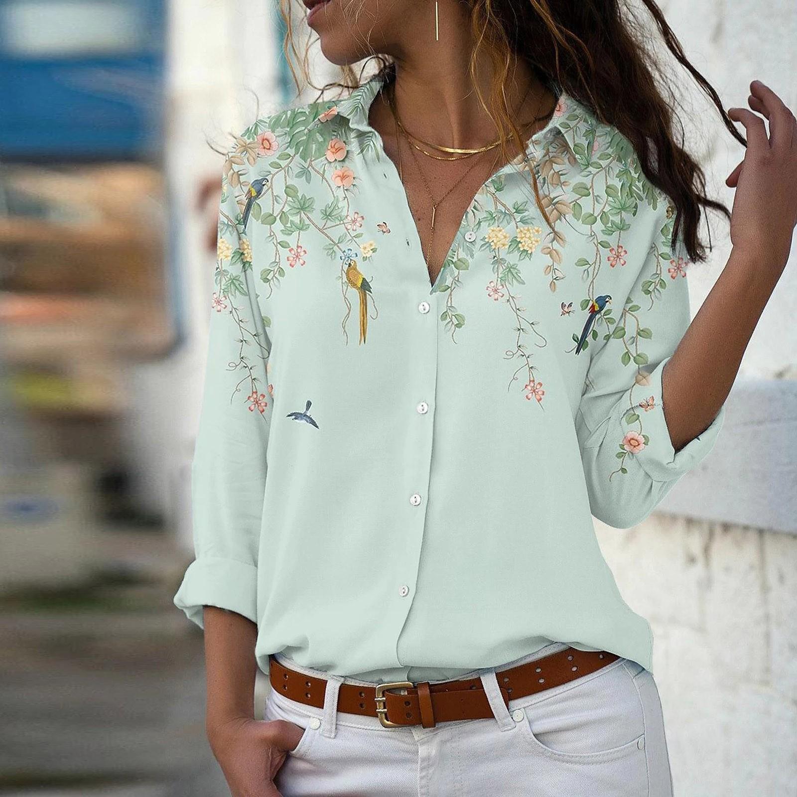 

Женская модная повседневная рубашка с длинными рукавами и пуговицами с принтом, верхняя блузка One size зелёный