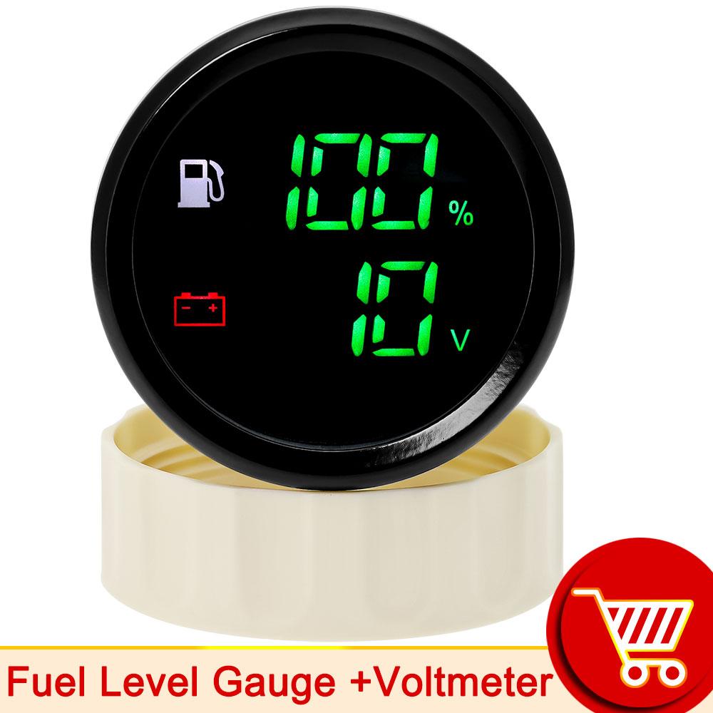 52mm 2in1 Gauge Digital Fuel Level Water Level Gauge With Alarm Water Temp Holding Tank Level Gauge Voltmeter for Car Boat Yach