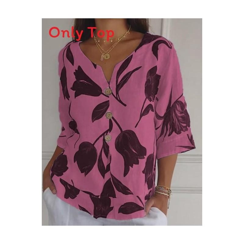 Maglia a maniche corte con scollo a V in cotone e lino con stampa digitale per abbigliamento casual estivo da donna