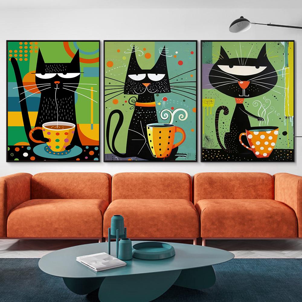 Whimsical Black Cat Drink Coffee Poster For Bedroom Nursery Cartoon Animal Canvas Painting Cute Cat Illustration Print Wall Art