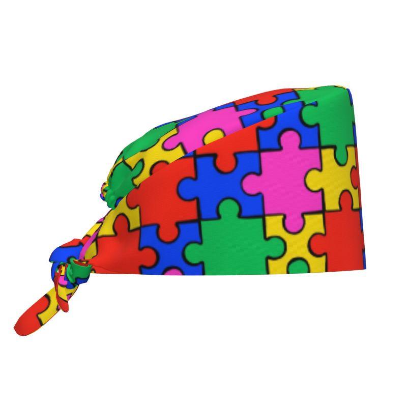 Autism Awareness Colorful Puzzle Pieces Working Cap Women Scrub Cap with Sweatband Adjustable Tie Back Hat Nurse Surgical Caps