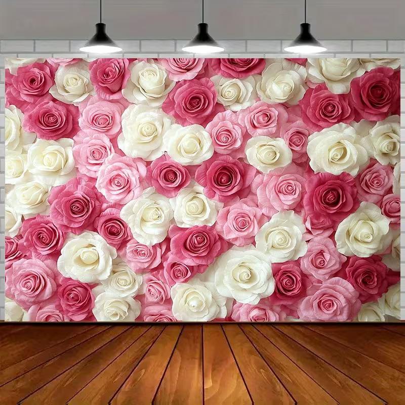

2D Full Rose Flower Wall Photography Backdrop Pink White Floral Background for Party & Studio Use 47.2x31.5inch/120*80cm