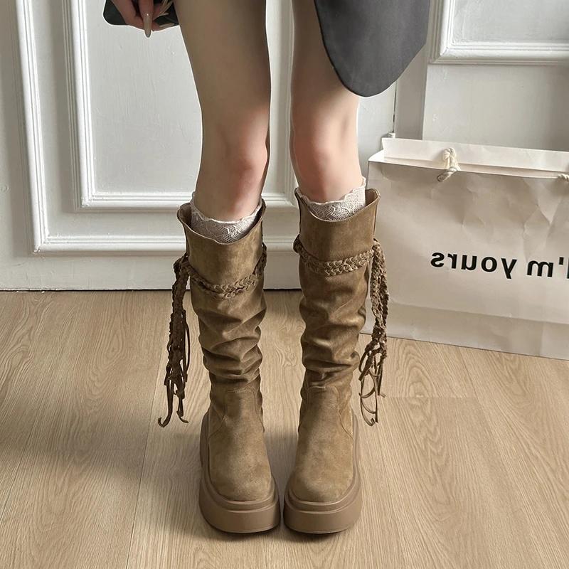 Platform Thick Heel Women Western High Boots Designer Tassel Slip On Shoes Autumn Winter Ladies Punk Vintage Long Booties