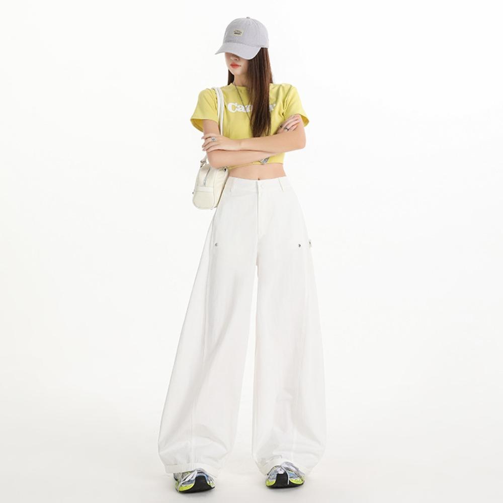 Women's High Waist Wide Leg Cargo Pants Loose Baggy Casual Trousers Solid Color Streetwear Long Pants For Spring Summer