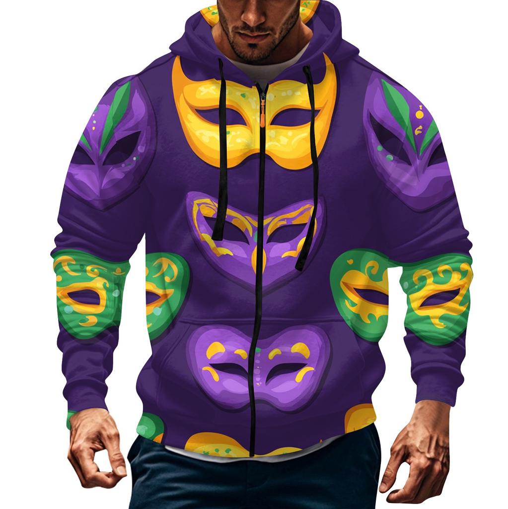 Men's Sports Casual Fleece Hoodie Carnival Print Hoodie Cardigan Zipper Multi-pocket Hoodie Coat