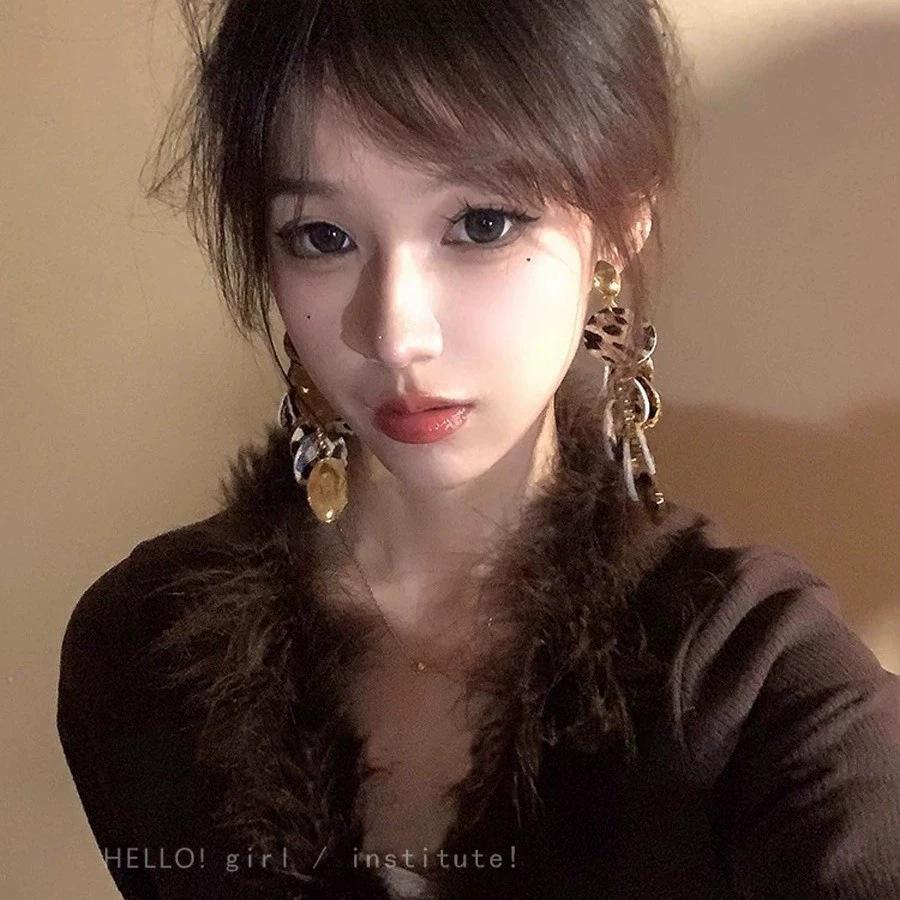 Retro leopard print leather fringed earrings stud earrings temperament personality Maillard style earrings