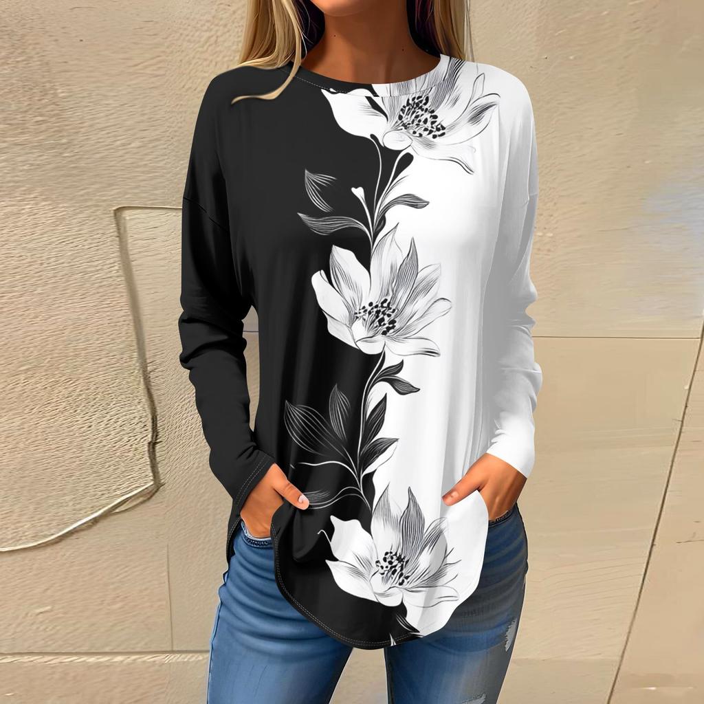 Women's Fashion Pullover Round Neck Long Sleeve Printed Top