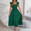 Autumn Winter Women Elegant High Waist Pleated Dress Short Sleeve Solid Color Lace Up Fashion