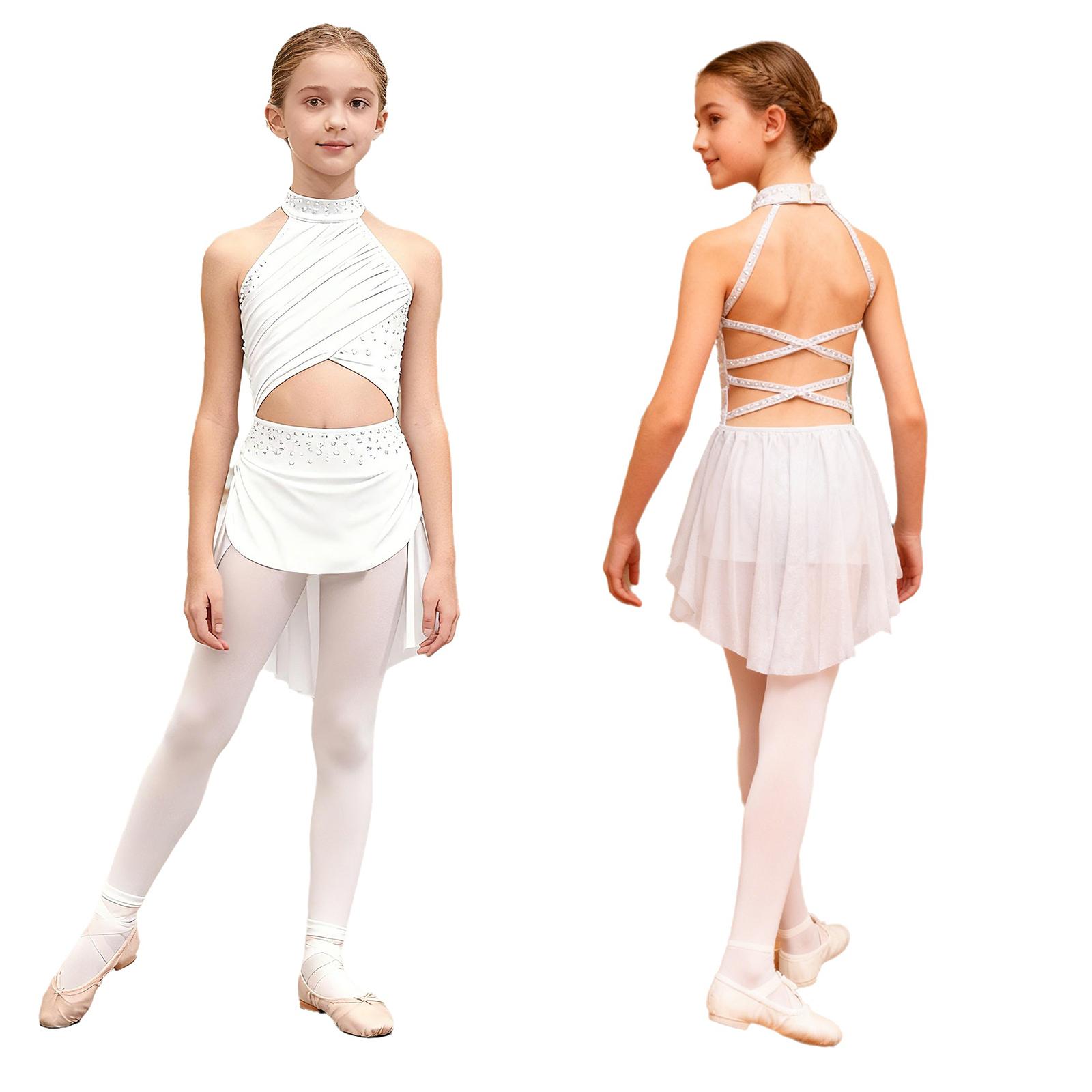 

Діти Дівчата Сучасна лірична танцювальна сукня Балет Фігурне катання Гімнастика Купальник Боді Костюм на ременях на спині Сукня для латиноамериканського джазу 11-12 Years білий