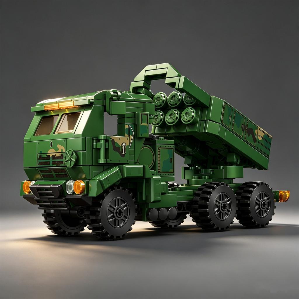 HIMARS M142 Self-Propelled Rocket Launcher Military Building Block Wheeled Armored Vehicle Toy Display Stand