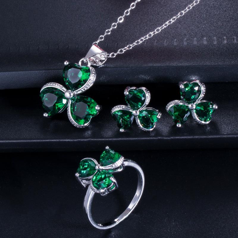 Ki0081 Exquisite Clover Zircon Set, Earrings, Pendant Ring Three-Piece Set