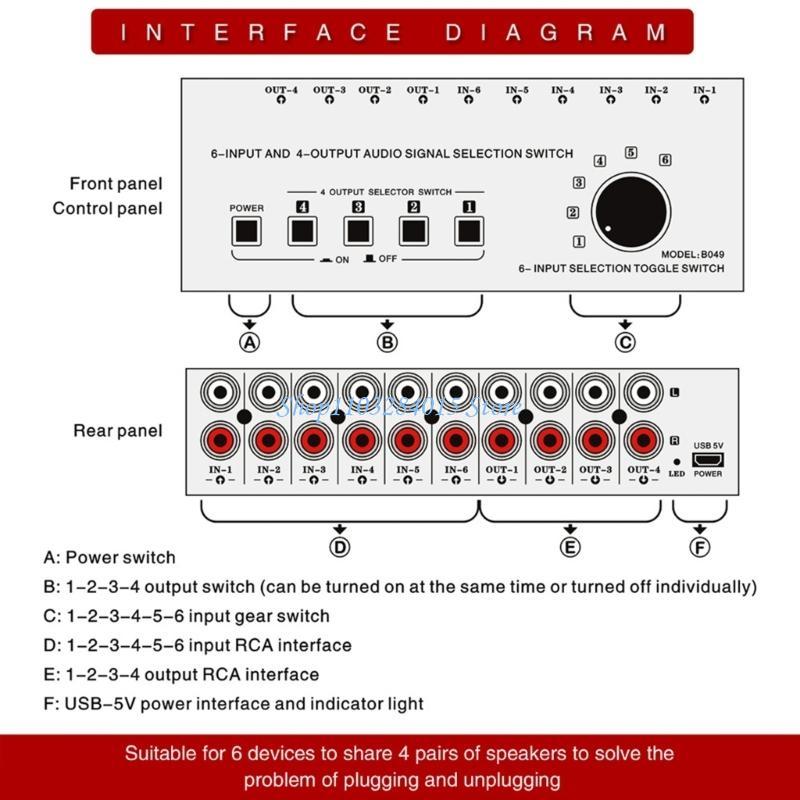 R6FF Seletor de Som Estéreo Switcher 6 Entradas 4 Saídas Divisores de Som Switcher Caixa Seletora de Som Botão Seletor de 6 Canais