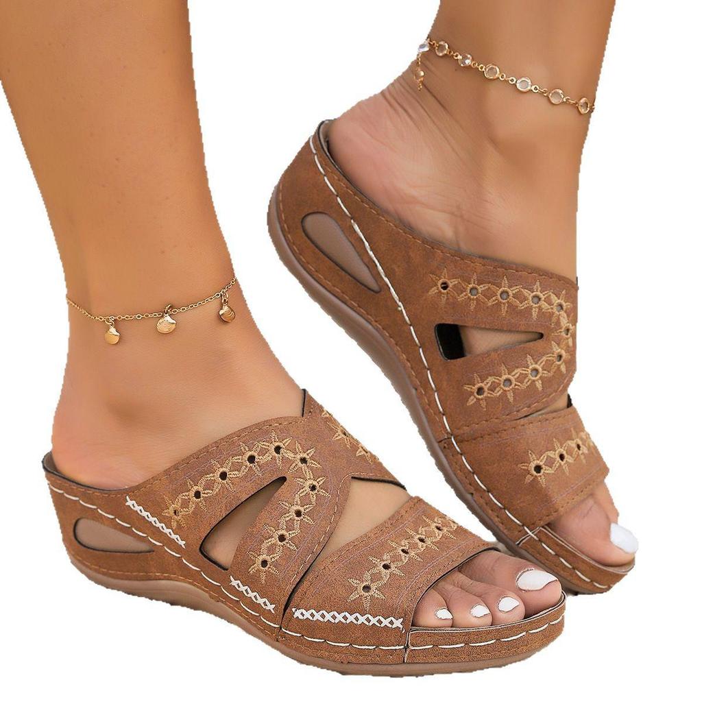Women's Multi-color Embroidered Roman Wedge Heel Slippers: Plus Size Fish Mouth Sandals with Thick Soles