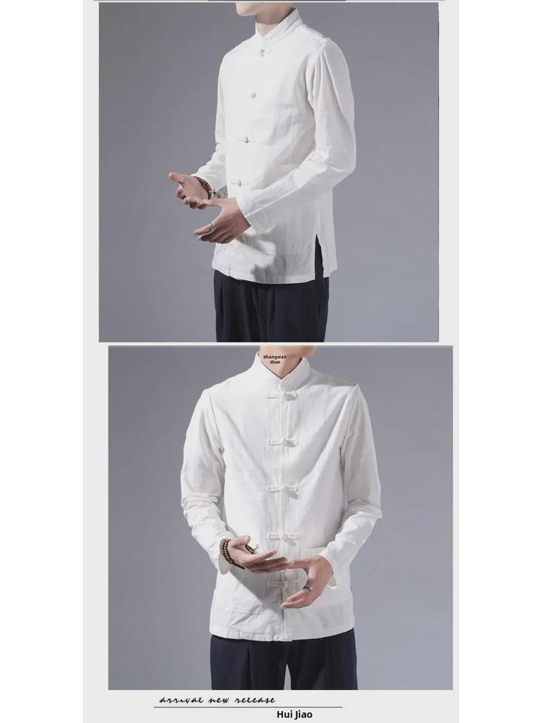 Herr Långärmad Vit Tangzuitröja - Retro Kinesisk Stil Hanfu med Ståkrage och Knappar