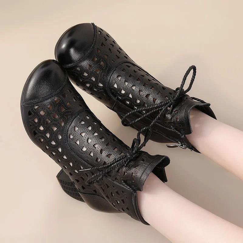 Fashion Summer cowhide hollow women's boots sandals high heels breathable retro style Ankle boots