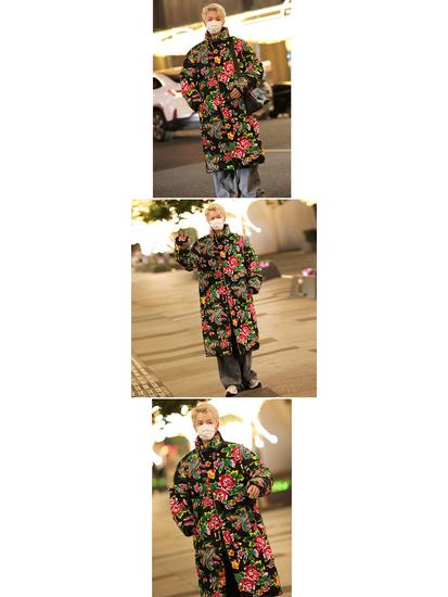 A3 Cotton Padded Hanfu Jacket: Unisex Long Loose Fit, Warm Flower Design, Trendy Cold Protection