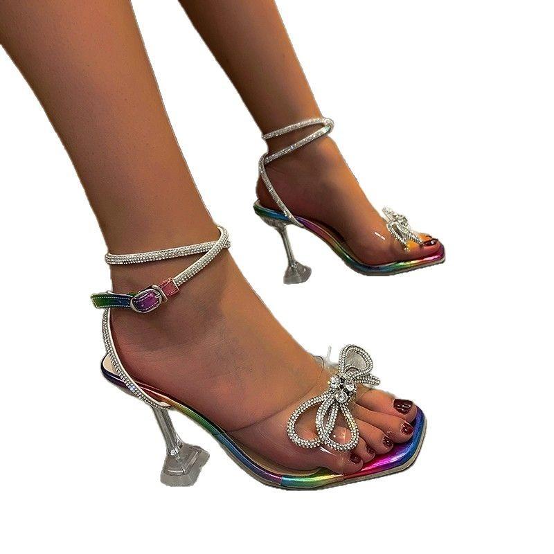 Transparent Open-toed Wine Glass and High-heeled Sandals Women's Summer Anklets with One-word Buckle and Bow Rhinestone Women's Sandals