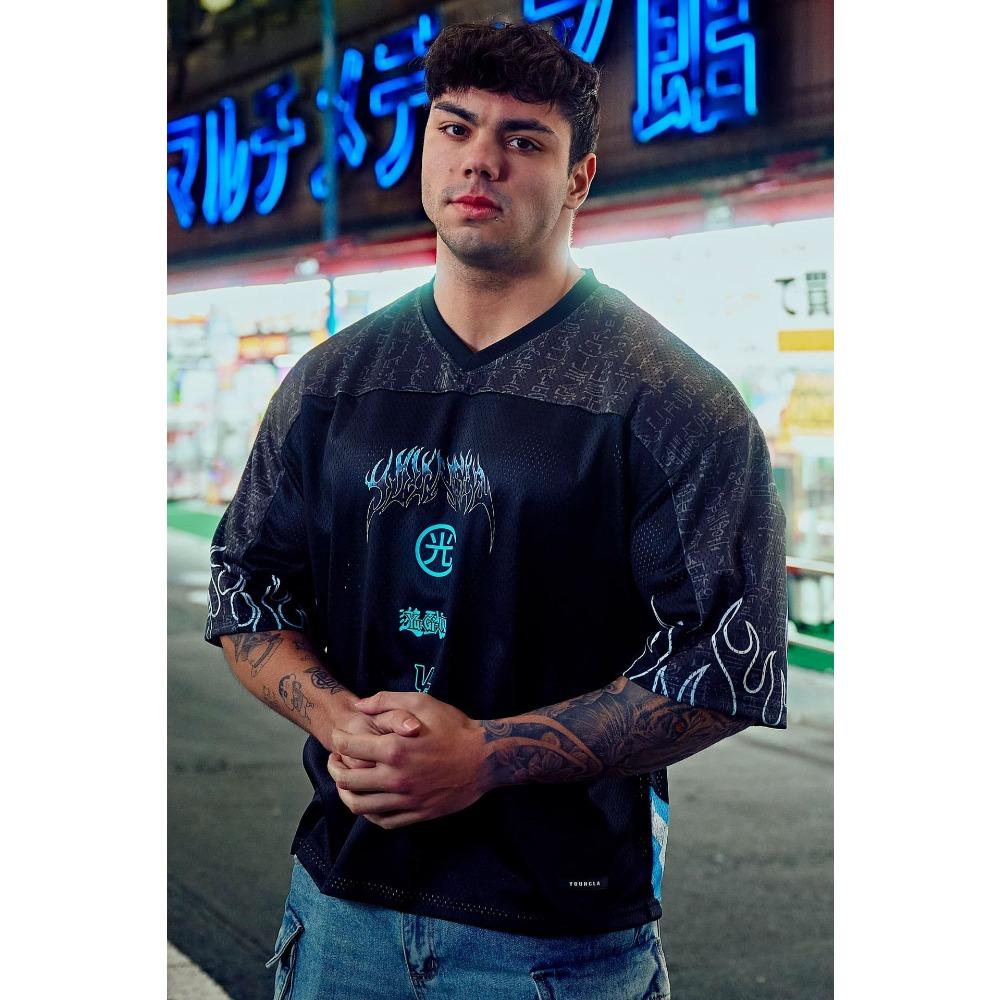 Young American oversized T-shirt summer new casual sports fitness quick drying breathable printed large mesh short sleeved shirt