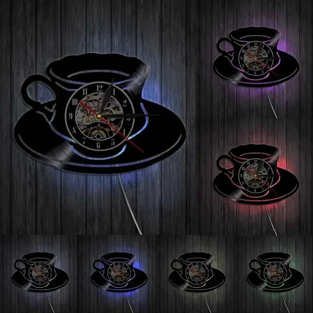 Coffee Cup Cut Out Longplay Wall Clock Kitchen Decor Cafe House Coffee Sign Black Noiseless Hanging Wall Clock Gifts for Barista
