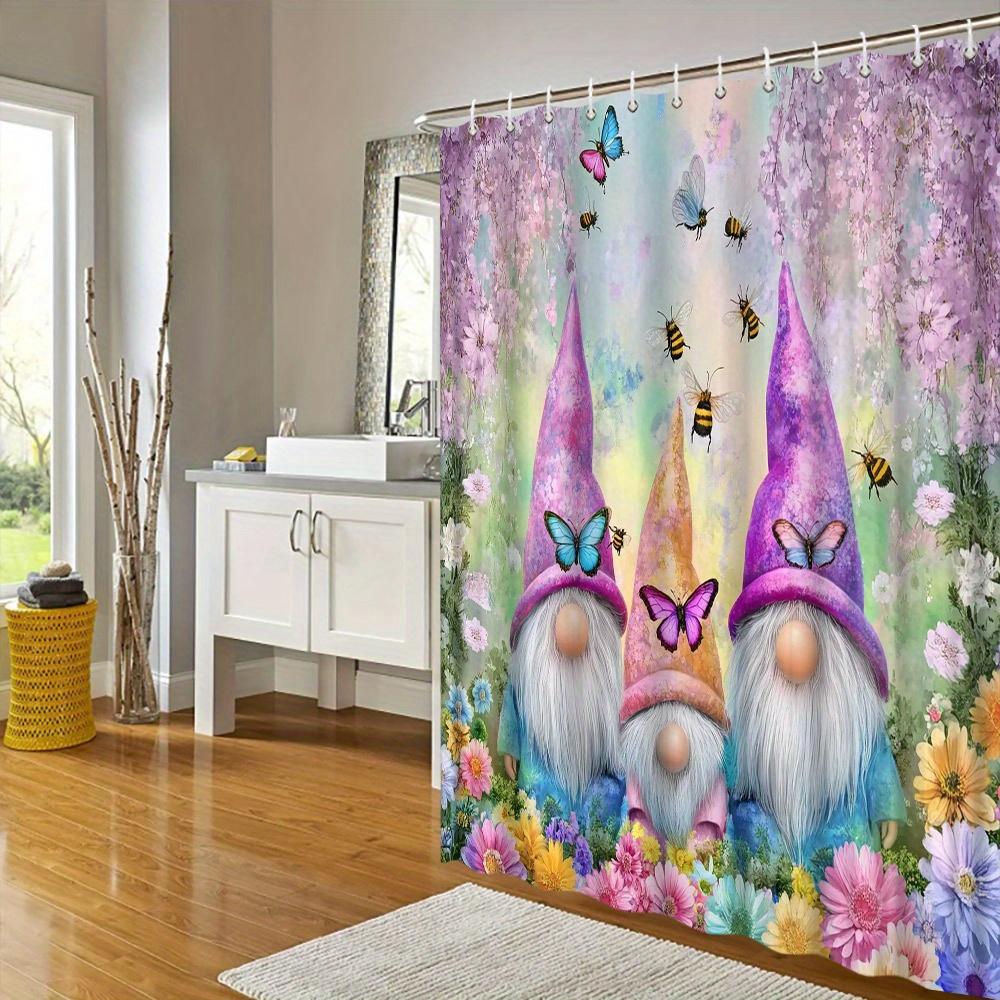 Adorable Gnomes Shower Curtain - Waterproof, Mildew-Resistant with Butterfly and Flower Design for Whimsical and Colorful Decor