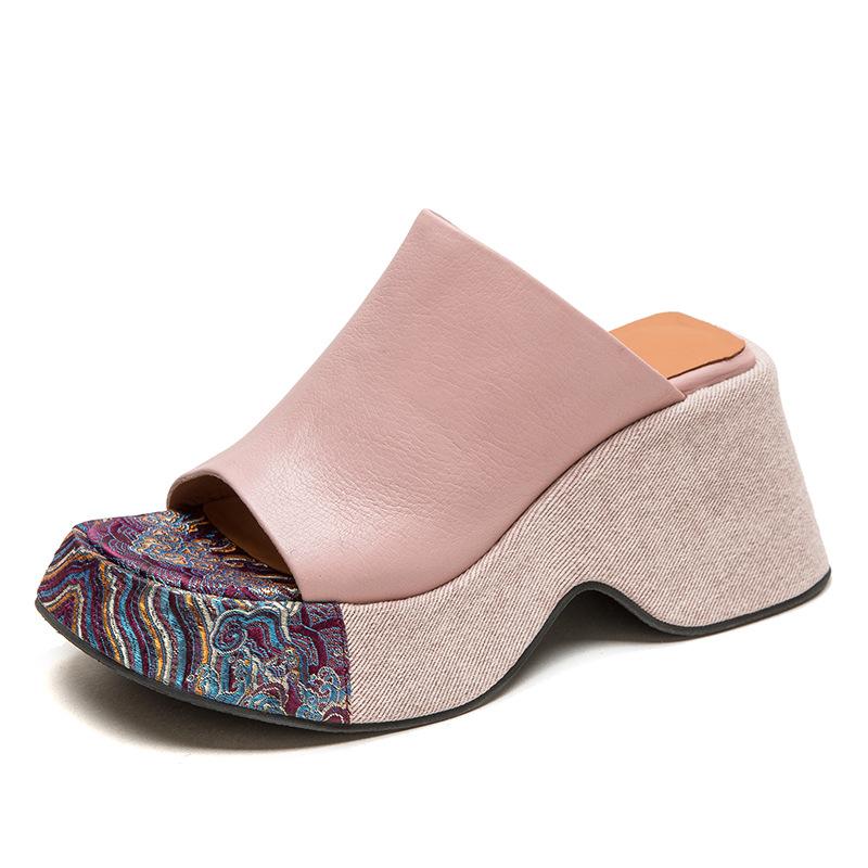 Fashion 8cm Natural Cow Genuine Leather Women Wedge Platform Sandals Peep Toe Slippers Fashion Summer Embroidery Fashion Shoes
