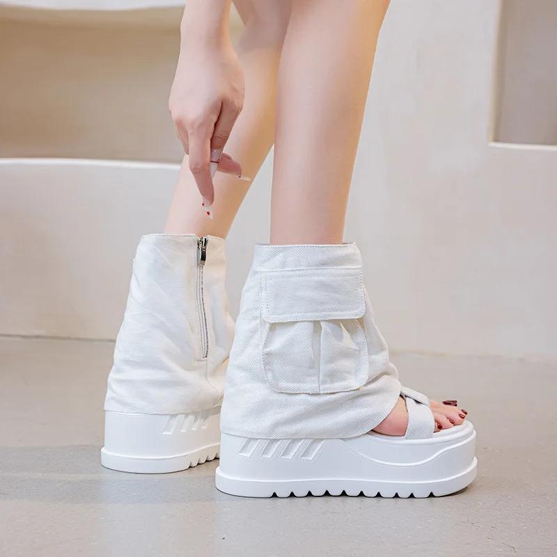 Mode 10CM Mode Canvas Frühling Sommer Plateau Keilabsatz Ballerinas Sandale Damen Herbst Britisch Motorrad Mode Reißverschluss Stiefeletten Schuhe