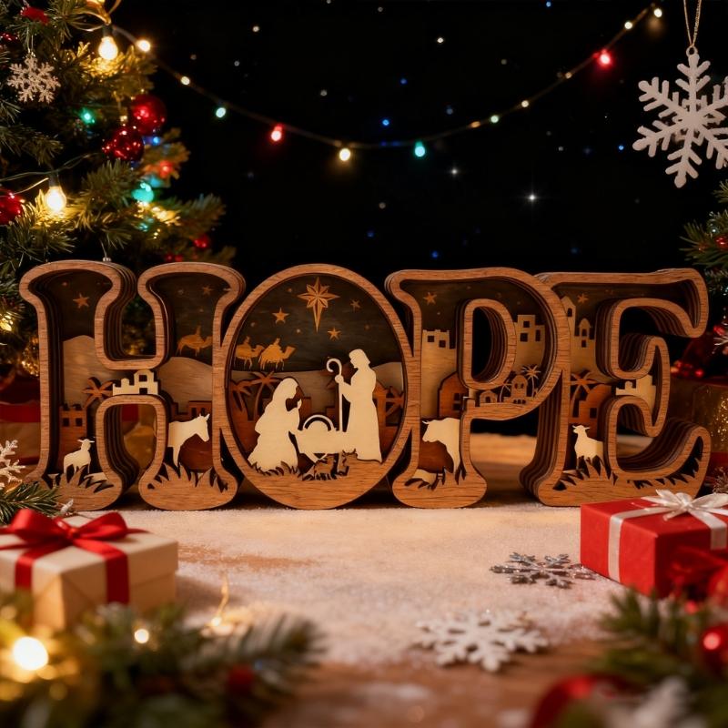 Handcrafted HOPE Letter Wooden Table Sign with Nativity Scene Carved Ornament Home Decors Safe Nontoxic Decoration