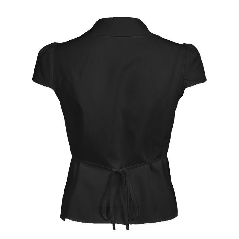 

European and American Women s Clothing American Retro Shoelace Tight Waist Pure Color Shirt Women s Ruched Breasted Casual Short-Sleeved Top Summer Black S