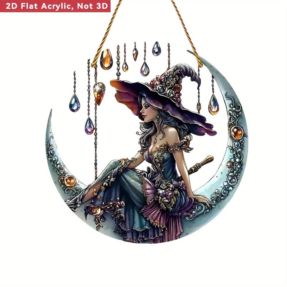 2D Flacher Halloween Traumfänger Anhänger - 2D Acryl Hexe mit Hängedekor mit Halbmond, Tropfenanhänger und Juwelenverzierung