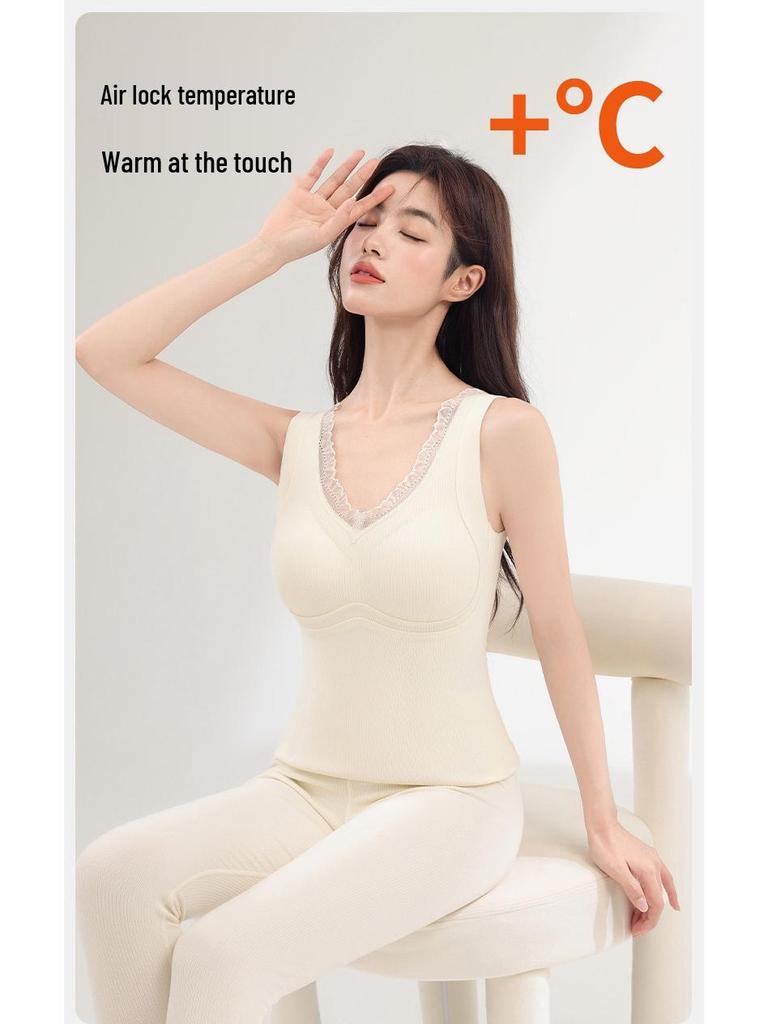 Lace Tila Cashmere Silk Vest: Brushed, Heat-Retaining Warm Fleece with Chest Pads for Women – Perfect for Autumn and Winter