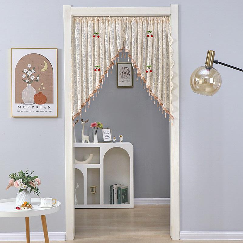 2 Stück/Set Dreieckiges Design Heimdeko Klarer Tüll Französische Vintage Spitze Türvorhang Ganzjährig Halbvorhang mit Perlen