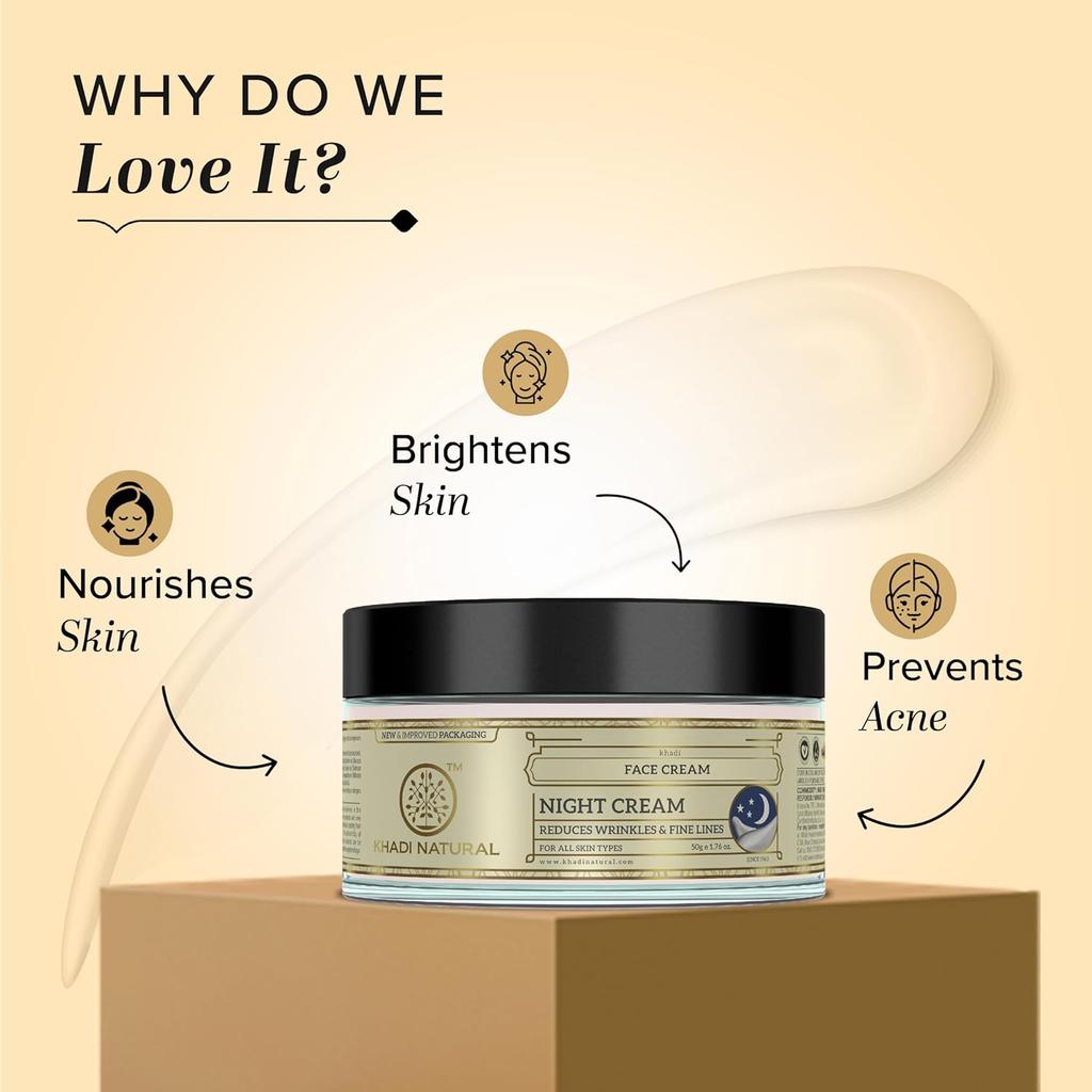 Khadi Natural Night Cream 50g Pack Skin Brightening Hydrating Anti-Aging Moisturizer for All Skin Types