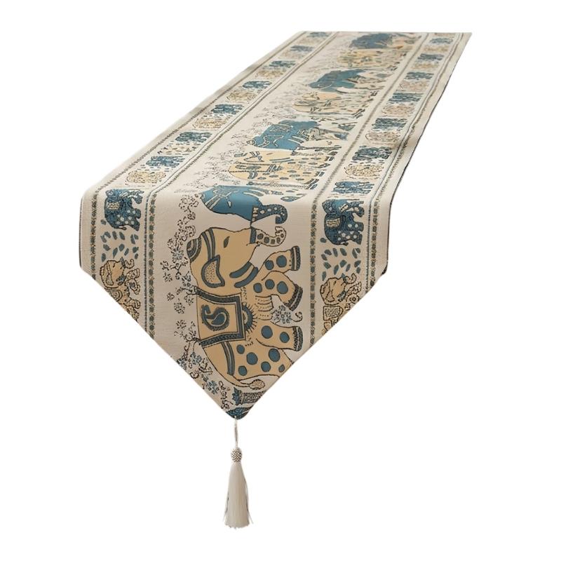 

Decorsative Polyester Table Runner Unique Elephant Motif Washable Wear Resistant Tablecloth With Tassels For Home Decors 35*150cm