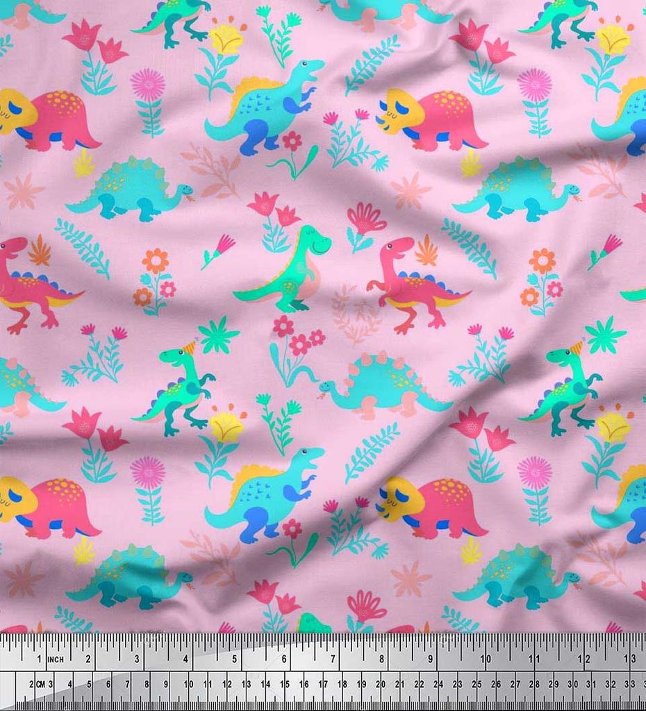 Soimoi Black Japan Crepe Satin Fabric Aster Flower & Dinosaur Kids Print Fabric by Metre 42 Inch