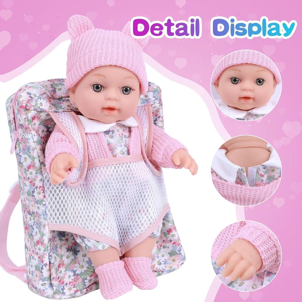 12 Inch Baby Doll Backpack Playset with Dolls Clothes and Accessories Included Backpack, Washcloth, Bottles, Nipple,Socks, Hats