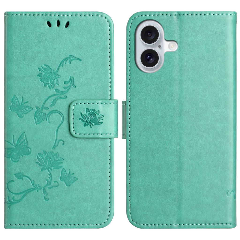 For iPhone 16 Plus Case PU Leather Wallet Phone Cover Butterfly Flower Pattern
