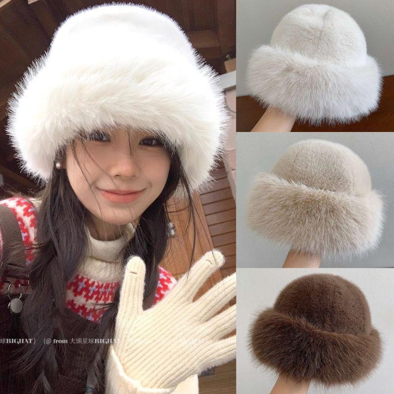 Fur Hat Women Warm Snow Ski Cap Plush Female Faux Fox Fur Thicken Warm Winter Hat Lady Windproof Panama Furry Fisherman Cap Y2k