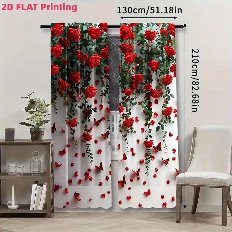 Light Filtering Romantic Red Rose Butterfly Print Curtains Flat Digital Design Fabric Perfect Living Room Curtain Set Of 2 Made Polyester Washable