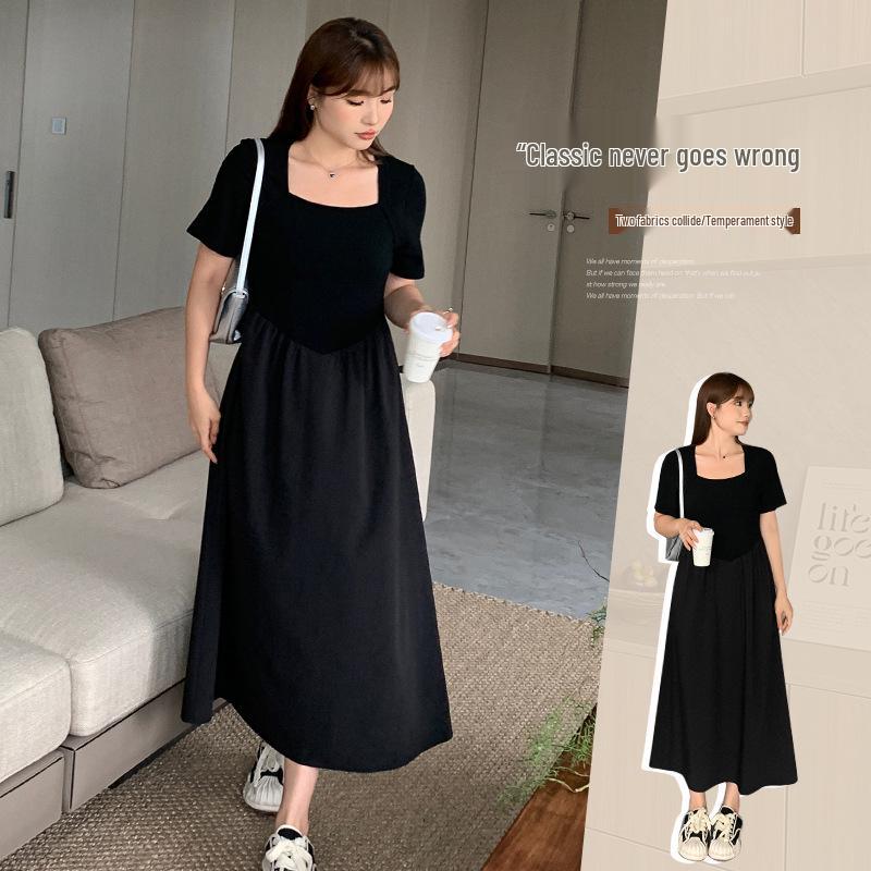 Chic Square Neck High Waist Plus Size Dress - 2025 Korean Summer Style, Tea Dress