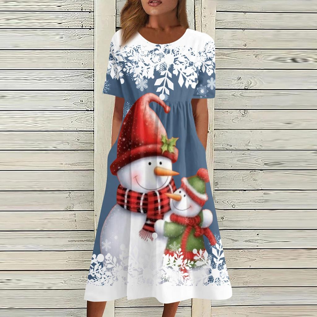 Women's Casual Fashion Christmas Print O-neck Dress