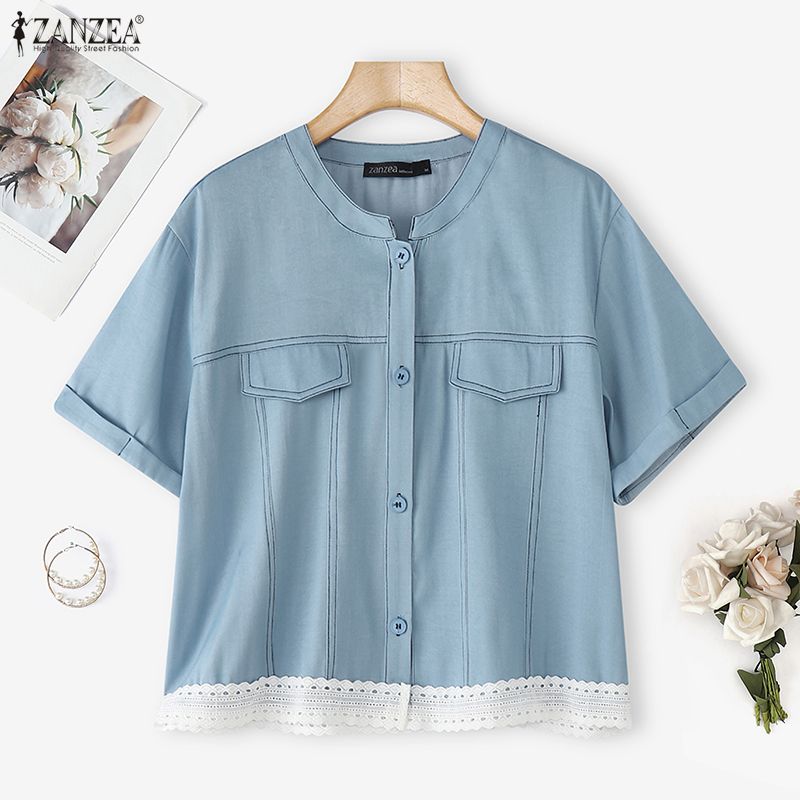 ZANZEA Lässige Damenbluse mit Rundhalsausschnitt und kurzen Ärmeln für den Sommer